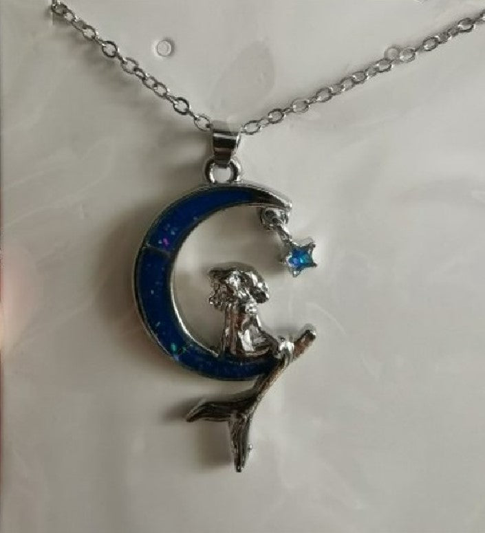 Mermaid Moon & Stars Blue Opal Silver Necklace