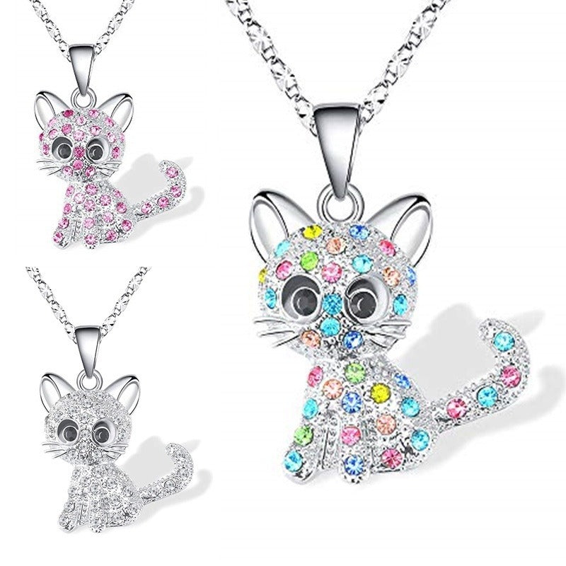 Cute Girls Cat Kitten Colorful Silver Necklace