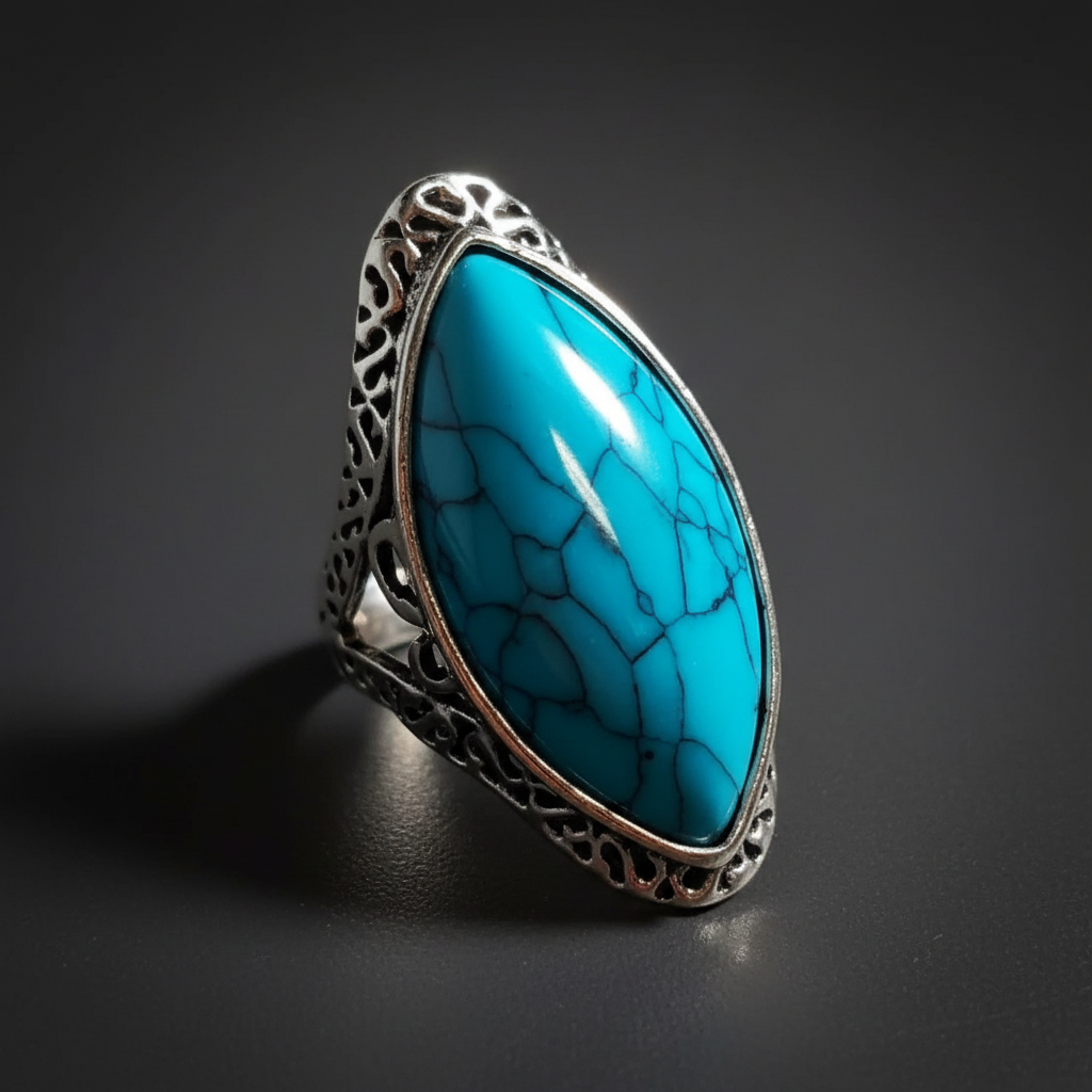 Natural Blue 27mm Stone Hollow Antique Silver Ring