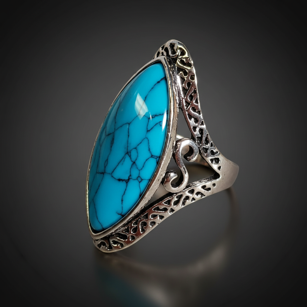 Natural Blue 27mm Stone Hollow Antique Silver Ring