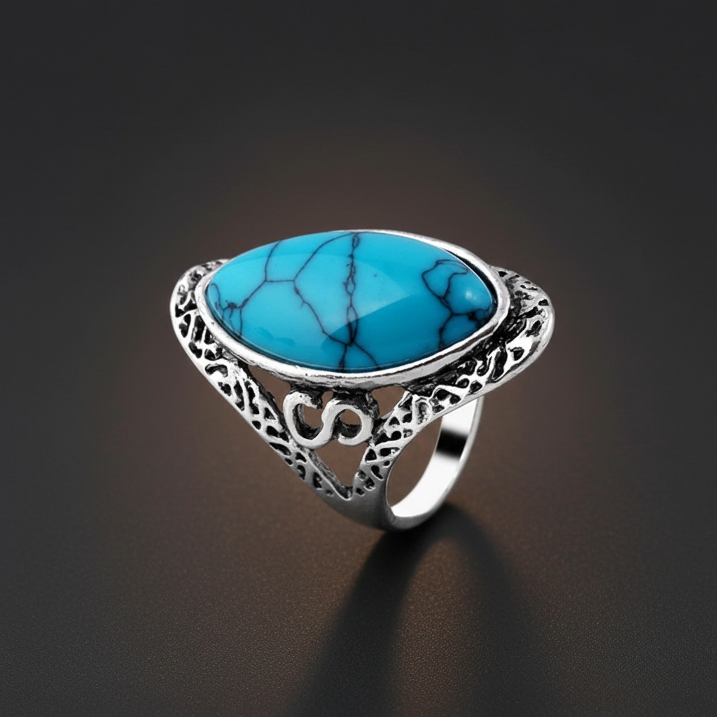 Natural Blue 27mm Stone Hollow Antique Silver Ring