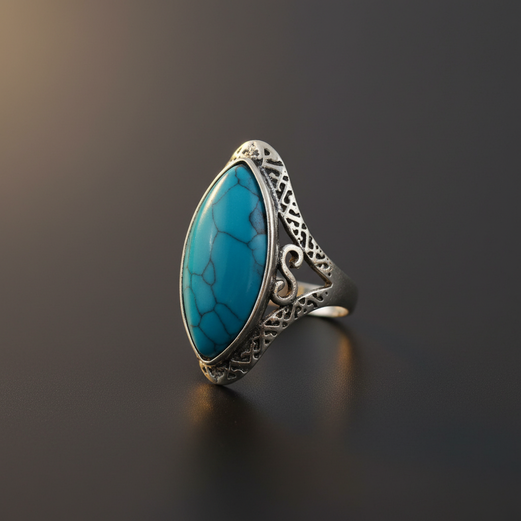 Natural Blue 27mm Stone Hollow Antique Silver Ring