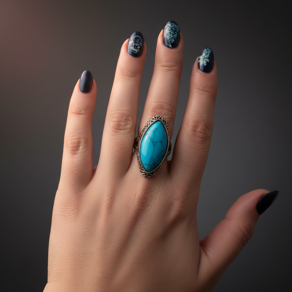 Natural Blue 27mm Stone Hollow Antique Silver Ring