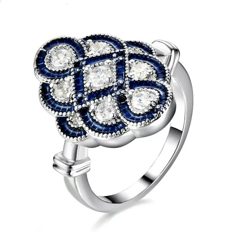 Vintage Retro Blue Rhinestone Silver Art Deco Ring