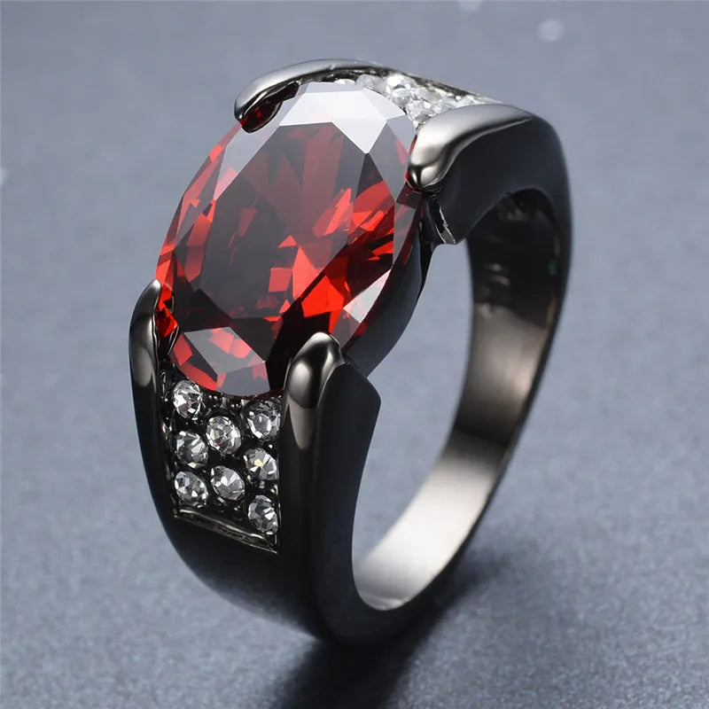 2Ct Oval Red Garnet & Zircon Crystal Black Gun Ring