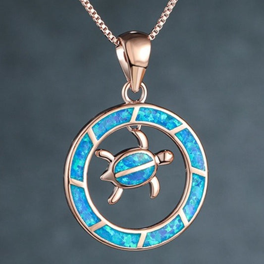 Blue Opal Sea Turtle Circle Rose Gold Necklace