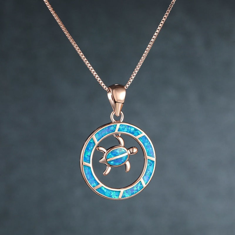 Blue Opal Sea Turtle Circle Rose Gold Necklace