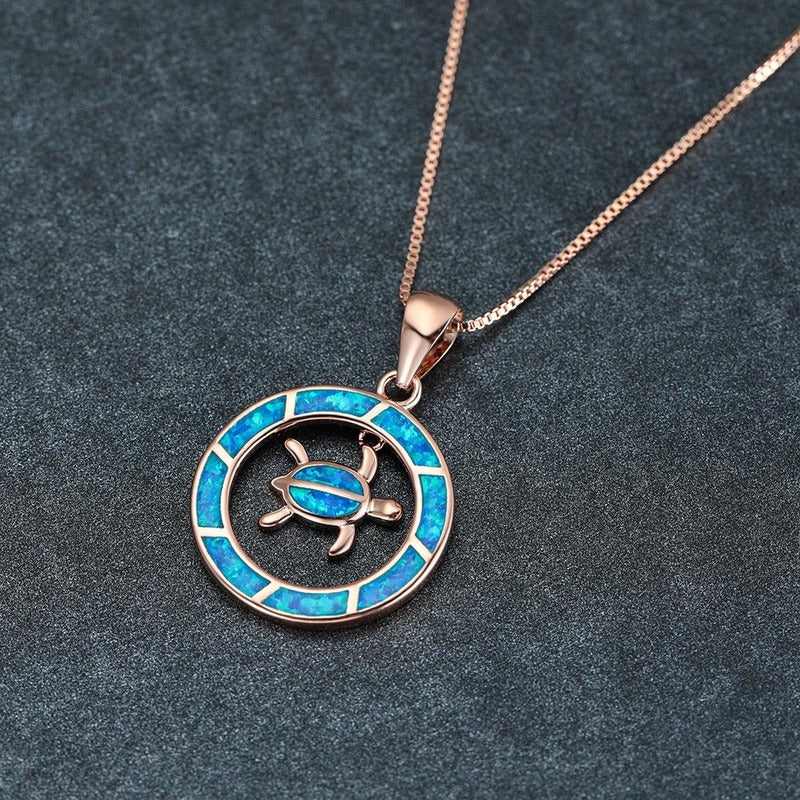Blue Opal Sea Turtle Circle Rose Gold Necklace