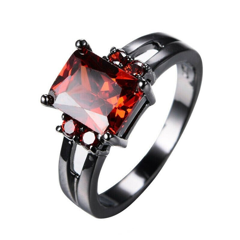 Black Gothic Ring Red Garnet Crystal Emerald Cut Statement Ring