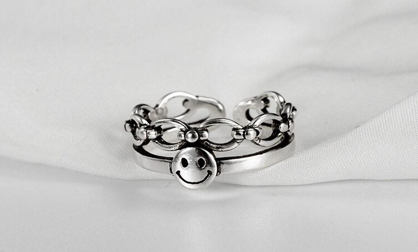 S925 Silver Punk Color Happy Smiling Face Retro Open Ring