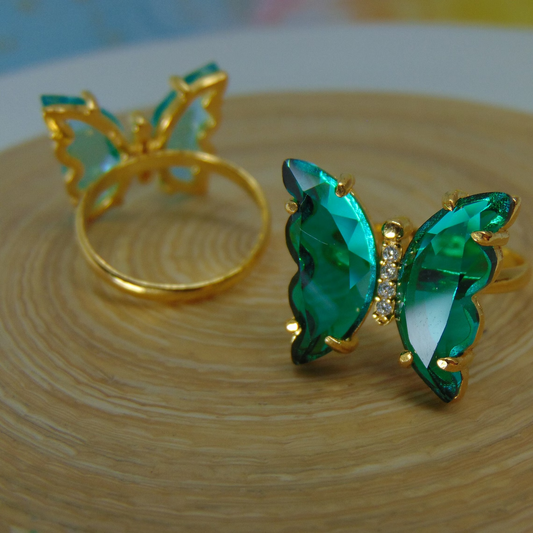 Sweet Emerald Green Crystal Butterfly Open Gold Ring