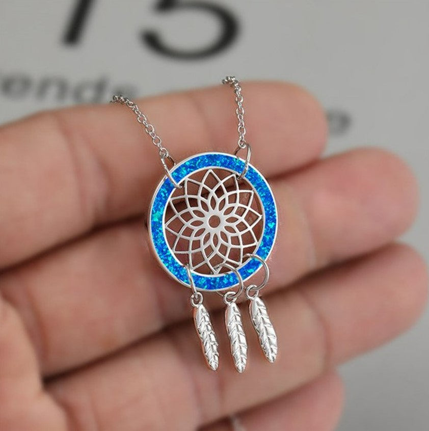 Blue Opal Dream Catcher Feathers Silver Necklace