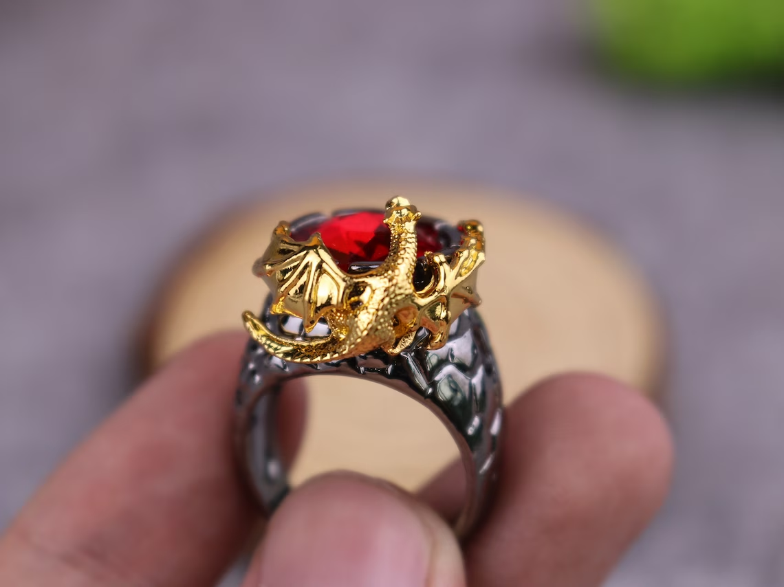 925 Sterling Silver Domineering Golden Dragon Red Crystal Ring