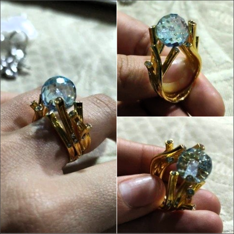 Creative Blue Crystal Ball Cocktail Golden Branch Ring