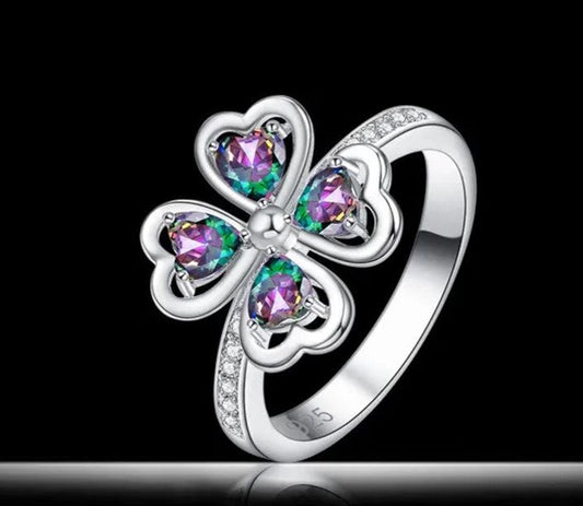 Mystic Rainbow Four Leaf Clover Lucky Silver Ring