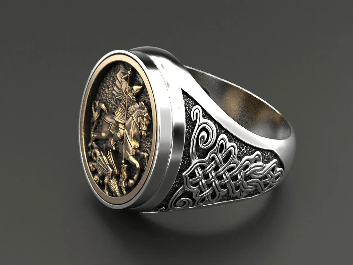 Men's 925 Sterling Silver Rome Soldier Horse Two Tone Ring