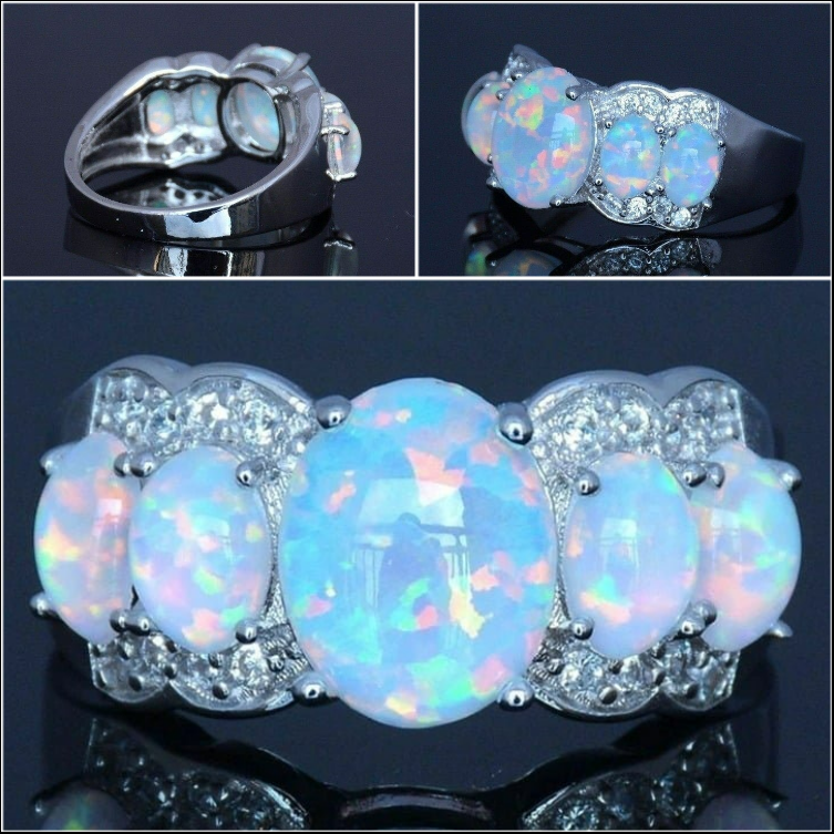 Sterling Silver Oval Faux White Fire Opal Vintage Ring