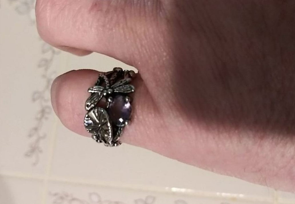 Retro Vintage Leaf Dragonfly Purple Crystal Silver Ring