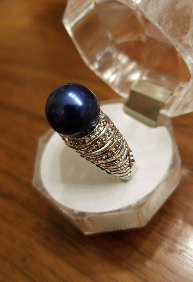 Brilliant Round Round Blue Pearl Grey CZ Crystal Ring