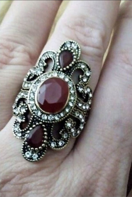 Vintage Bohemian Red Resin Turkish Gold Ethnic Ring