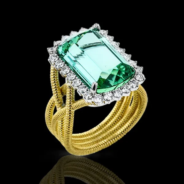 Big Green Emerald Cut Unique Geometric Gold Ring