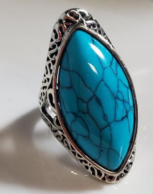 Natural Blue 27mm Stone Hollow Antique Silver Ring