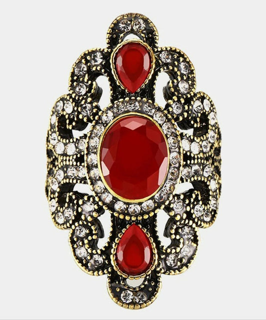 Vintage Bohemian Red Resin Turkish Gold Ethnic Ring