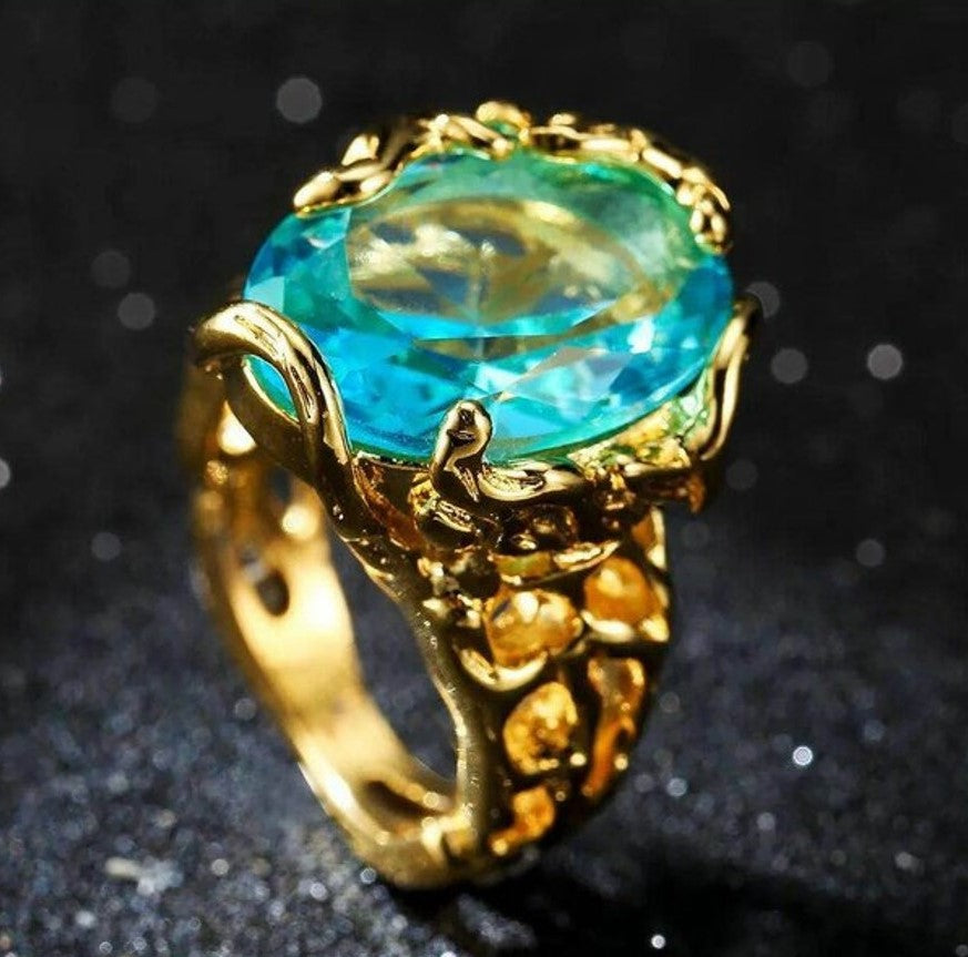 Cluster Hollowed Out Blue Crystal Gold Ring