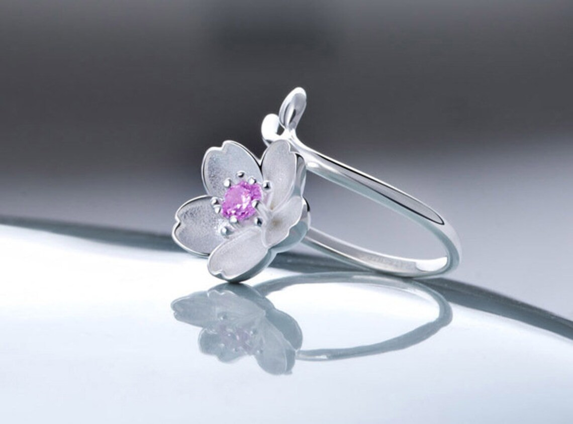 Sterling Silver Pink Flower Open Sakura Ring