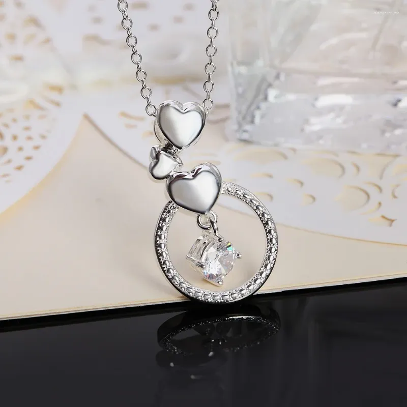 Elegant Triple Heart Round Gemstone Silver Necklace