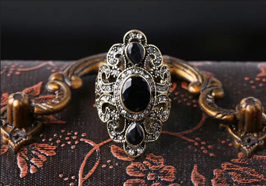 Vintage Bohemian Black Resin Turkish Gold Ethnic Ring