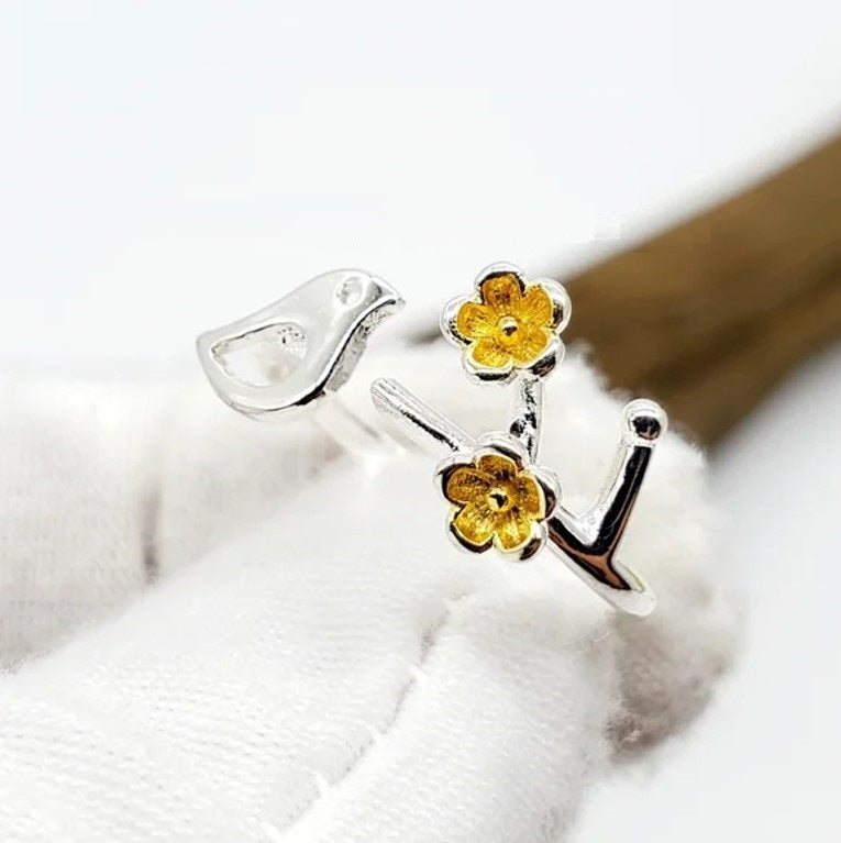 Sterling Silver Bird Yellow Flower Open Floral Ring
