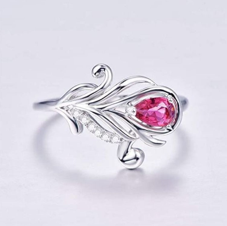 925 Sterling Silver Pink Water Drop Leafy Ring