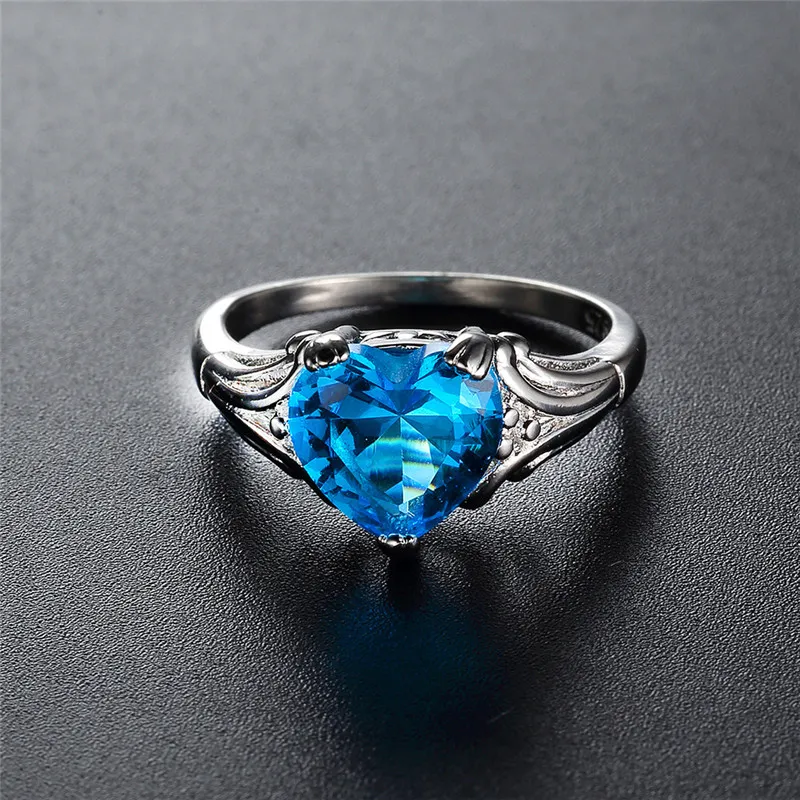 12mm Blue Aquamarine Silver Tone Heart Shaped Ring