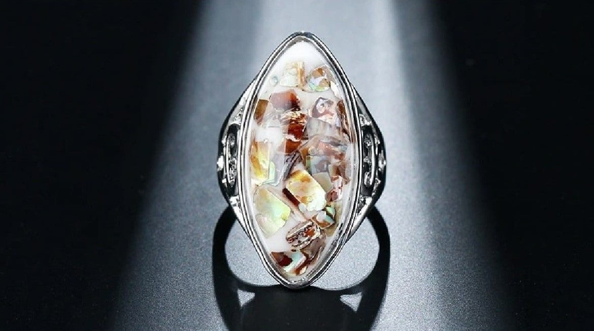 Artificial Coral Colorful Shells Big Oval Mosaic Silver Ring