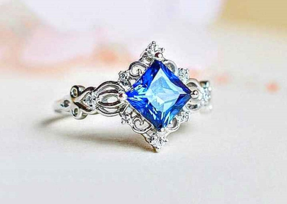 Blue Princess Cut Crown Halo Silver Ring