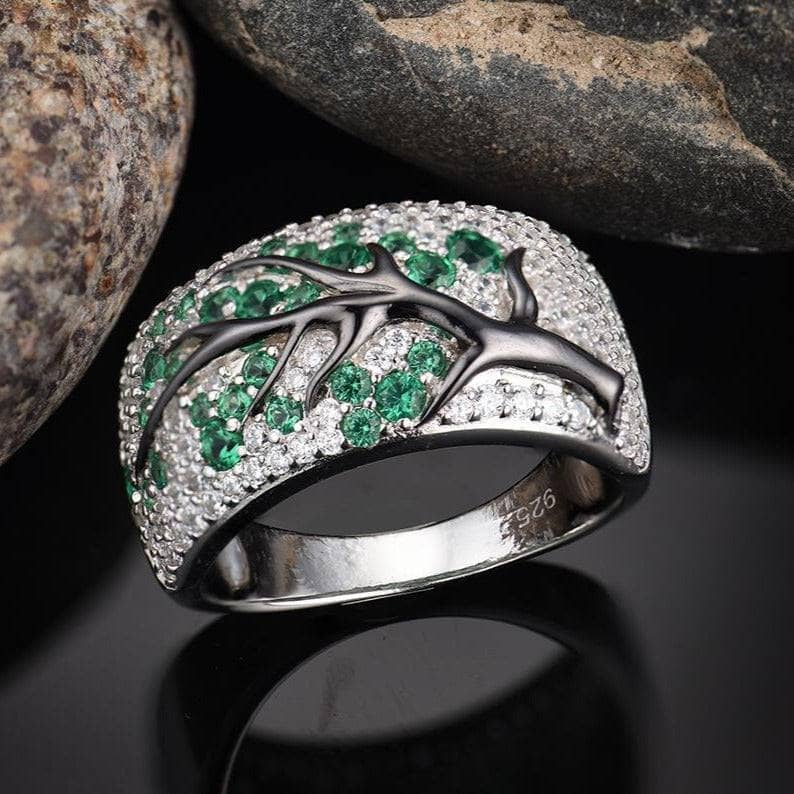 925 Sterling Silver Green Tree Branch Leaves Blossom Ring