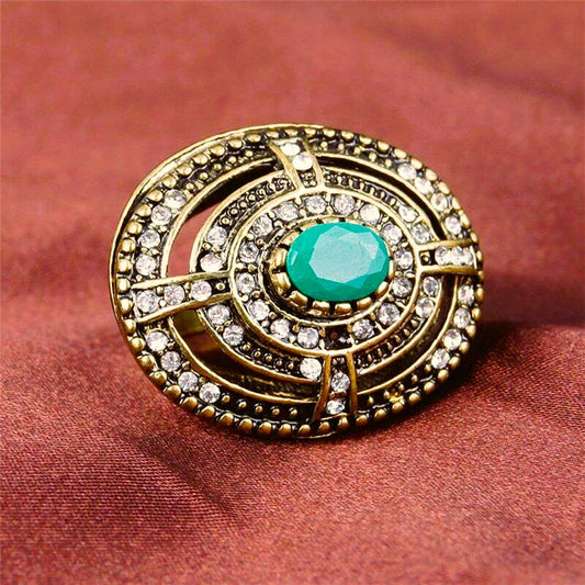 Huge Vintage Oval Green Resin Hollow Antique Gold Turkish Ring