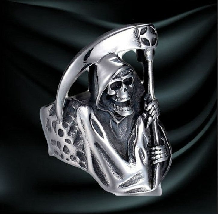 Gothic Punk Grim Reaper Skull Silver Ring