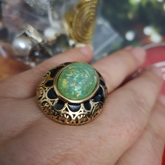 Vintage Green Opal Antique Gold Black Enamel Boho Ring