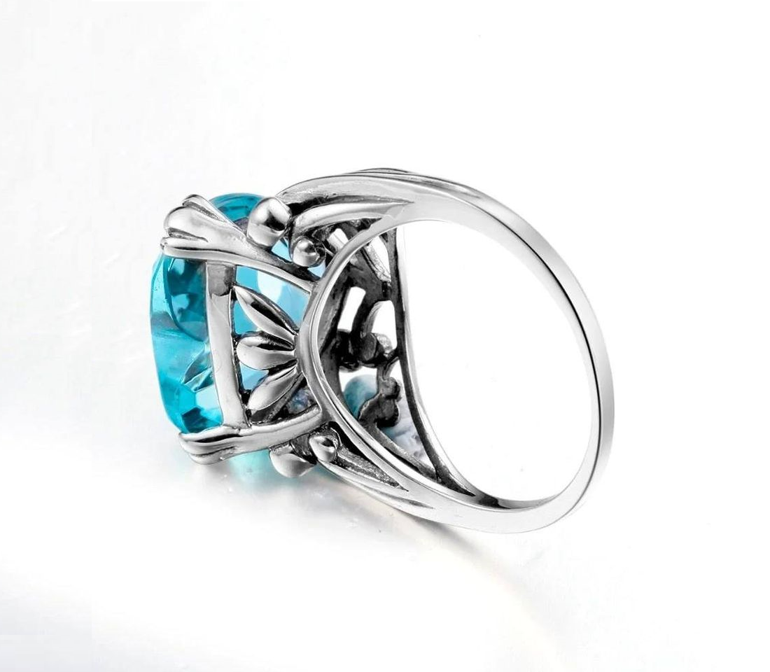 12mm Blue Aquamarine Silver Tone Heart Shaped Ring