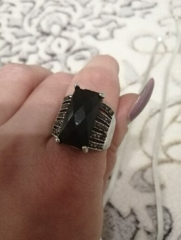 Vintage Black Onyx Mosaic Antique Silver Ring