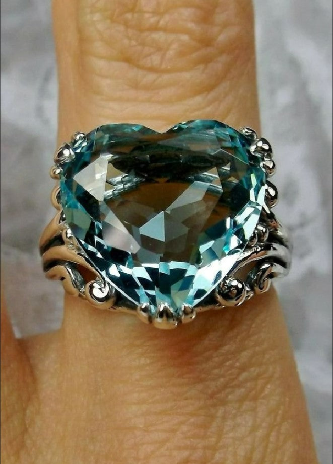 12mm Blue Aquamarine Silver Tone Heart Shaped Ring