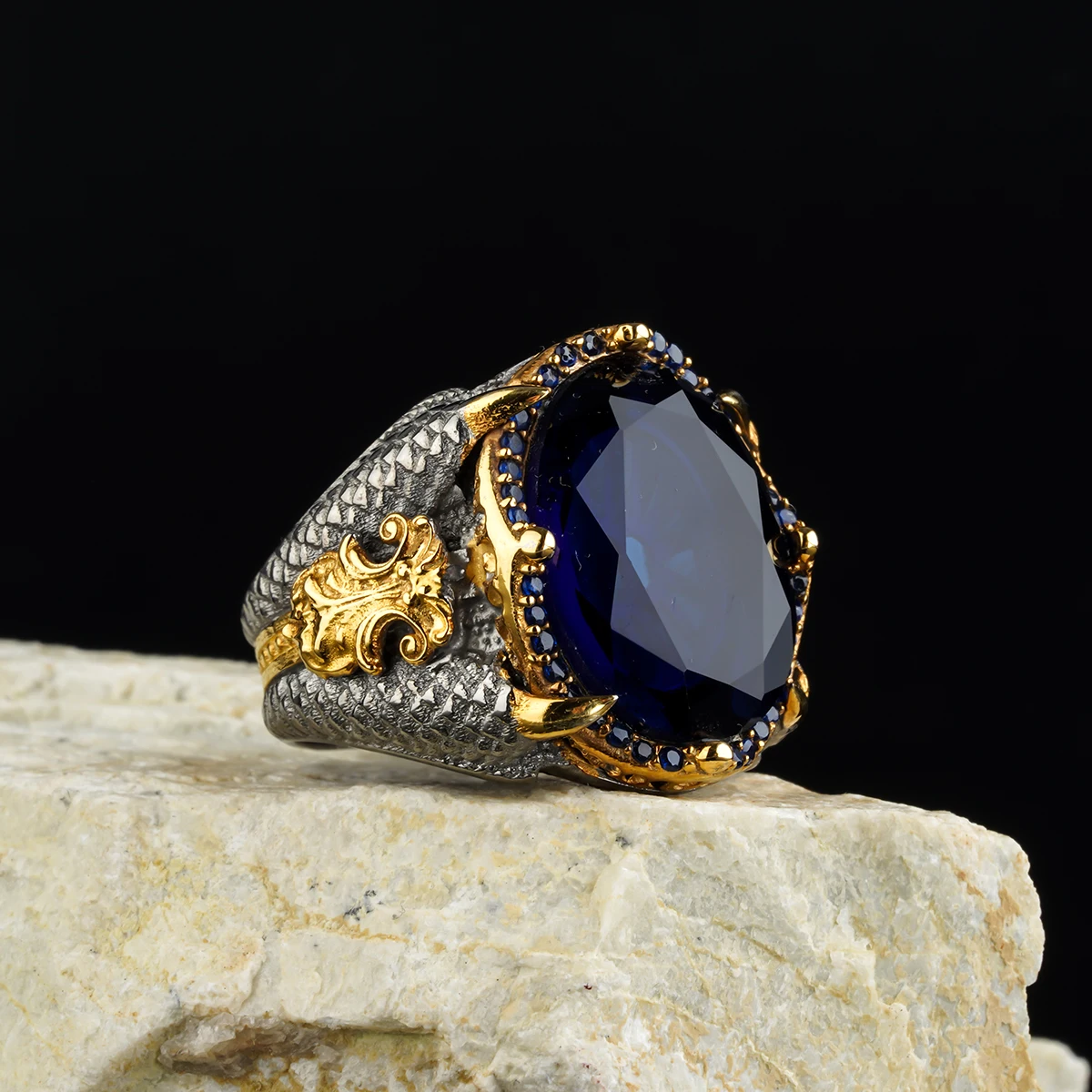 Men's Handmade Blue Sapphire Open Two-Tone Ottoman Ring