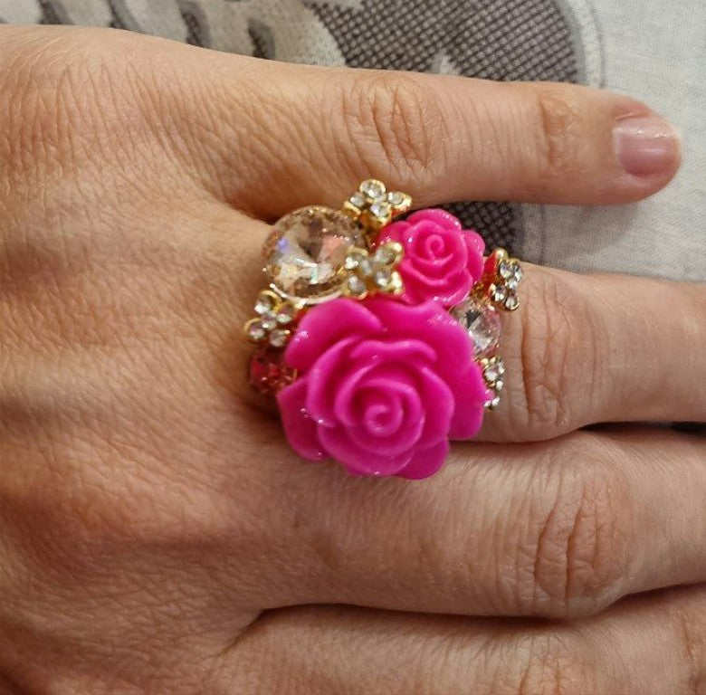 Pink Rose Flower & Rhinestone Floral Decor Open Gold Ring
