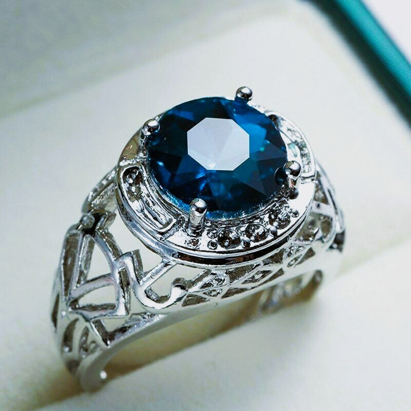 1CT Hollow Blue Sapphire Art Deco Vintage Silver Filigree Ring