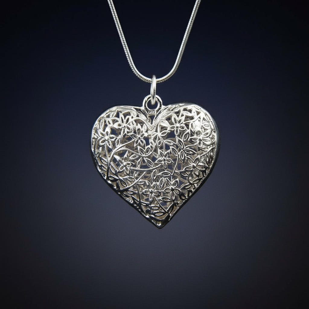 3.5cm Hollow Sterling Silver Floral Hollow Heart Pendant Necklace & Chain