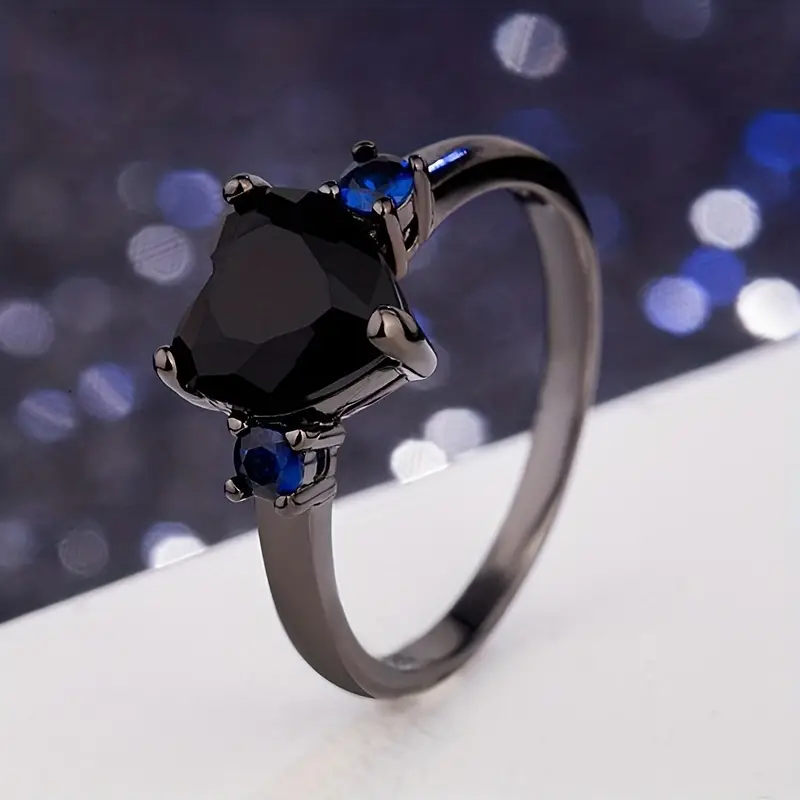 925 Sterling Silver Black Heart Blue Sapphire Ring