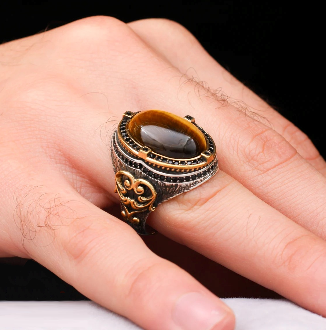 Men's Vintage Turkish Brown Tiger Eye Onyx Silver Ring