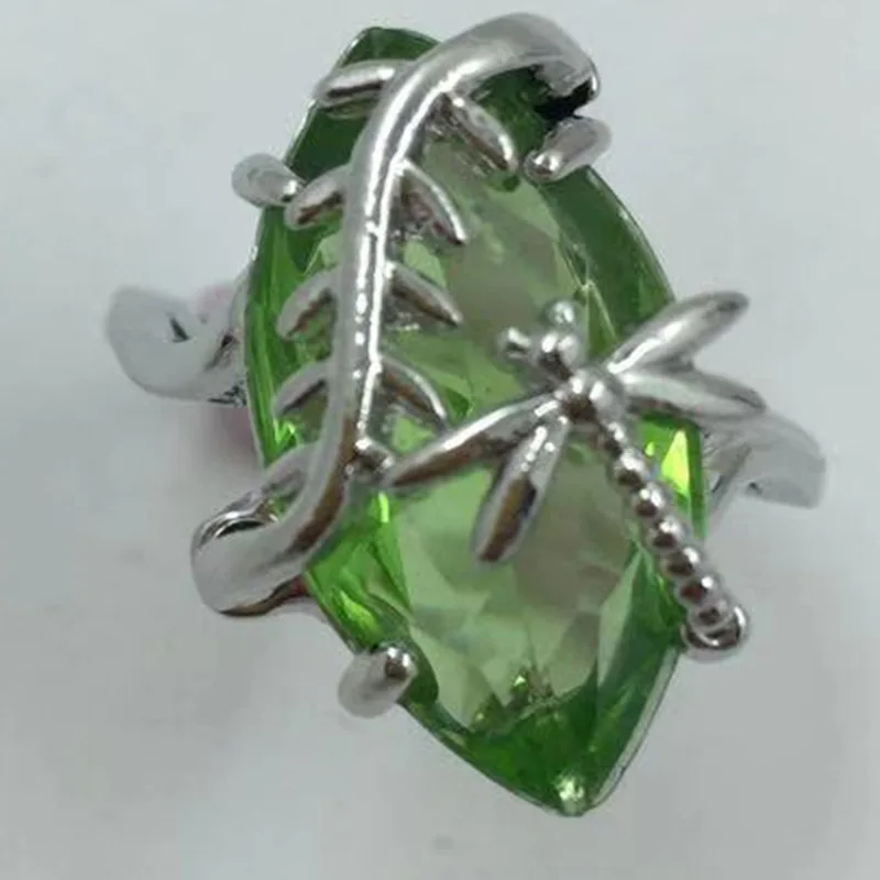 Big Olive Green Marquise Dragonfly Sterling Silver Ring
